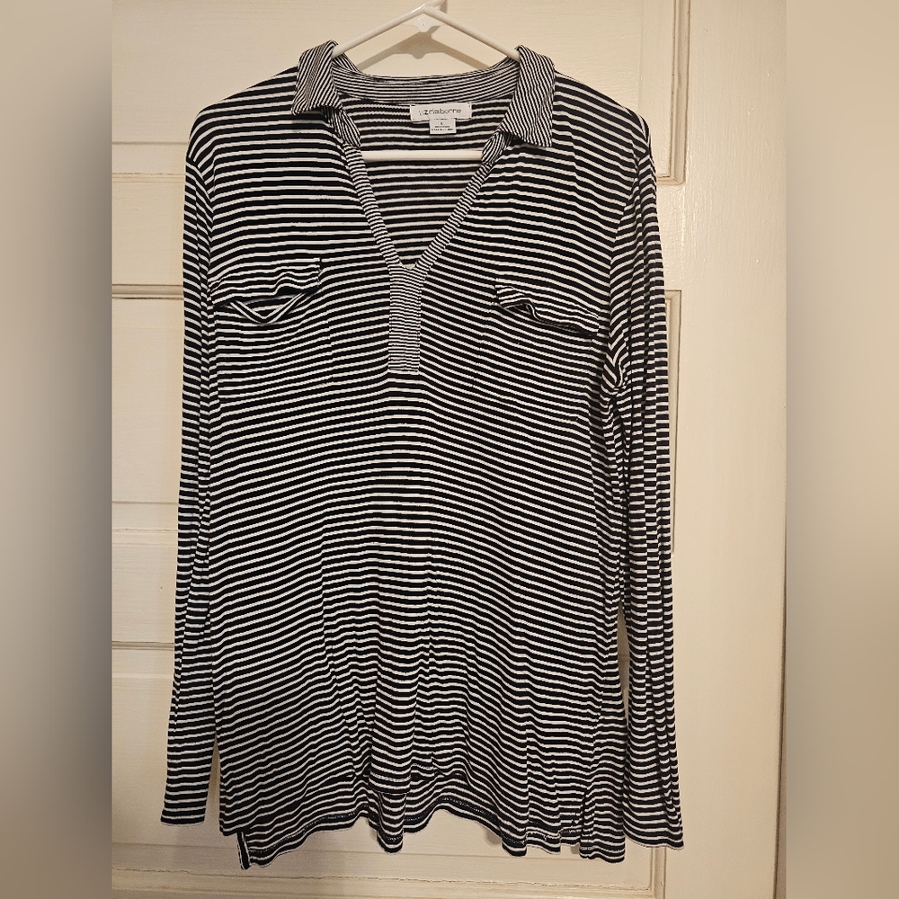 Liz Claiborne Blue White Striped V Neck Knit Top Shirt Button Sleeve Size L